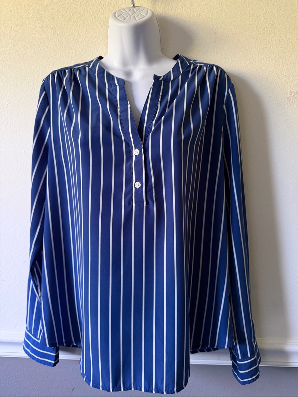 J. Crew Navy Blue and White Vertical Stripe V-Neck Pullover Sweater